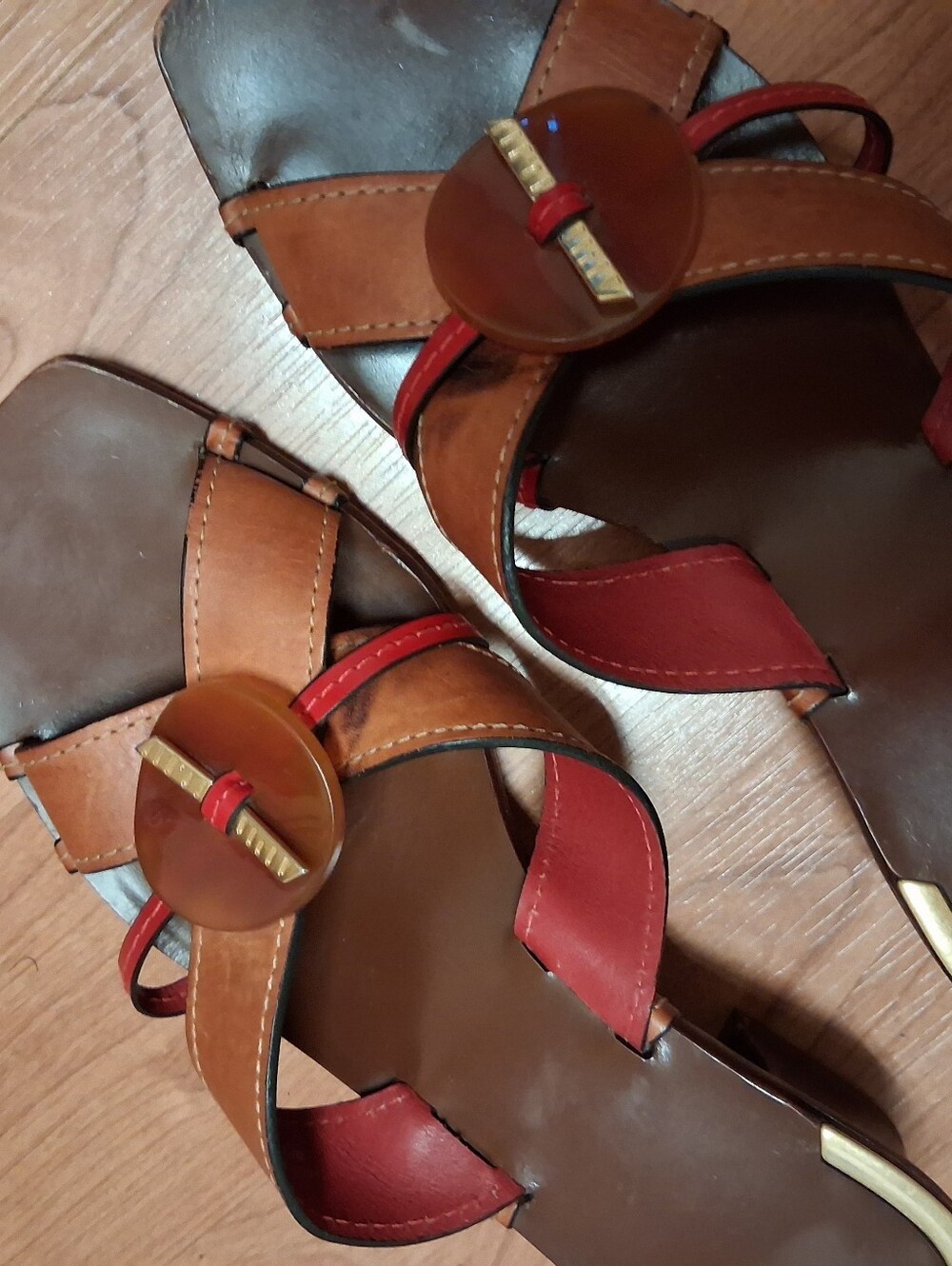 Tory Burch Brown and Red Leather Slide Sandals with Decorative Disc